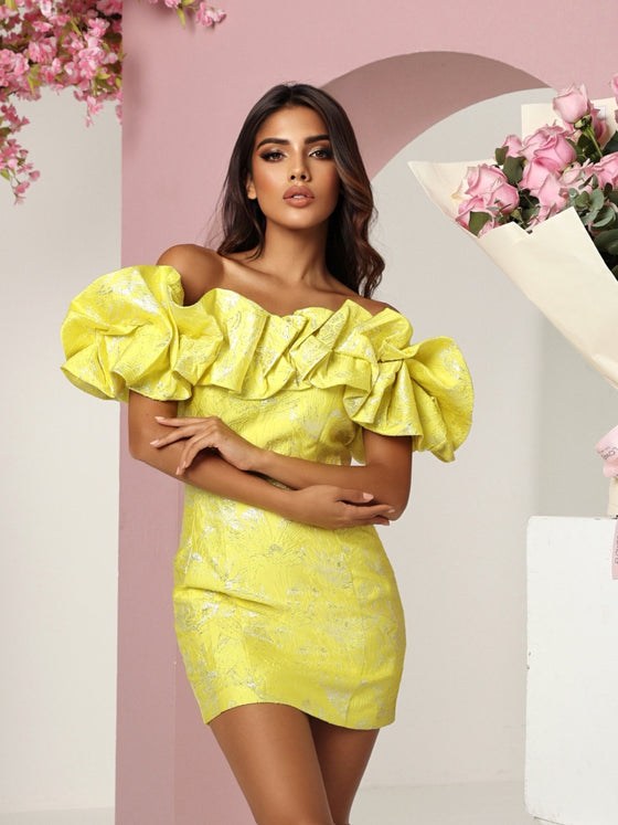 MADELYN RUFFLE OFF SHOULDER DRESS GOLD YELLOW